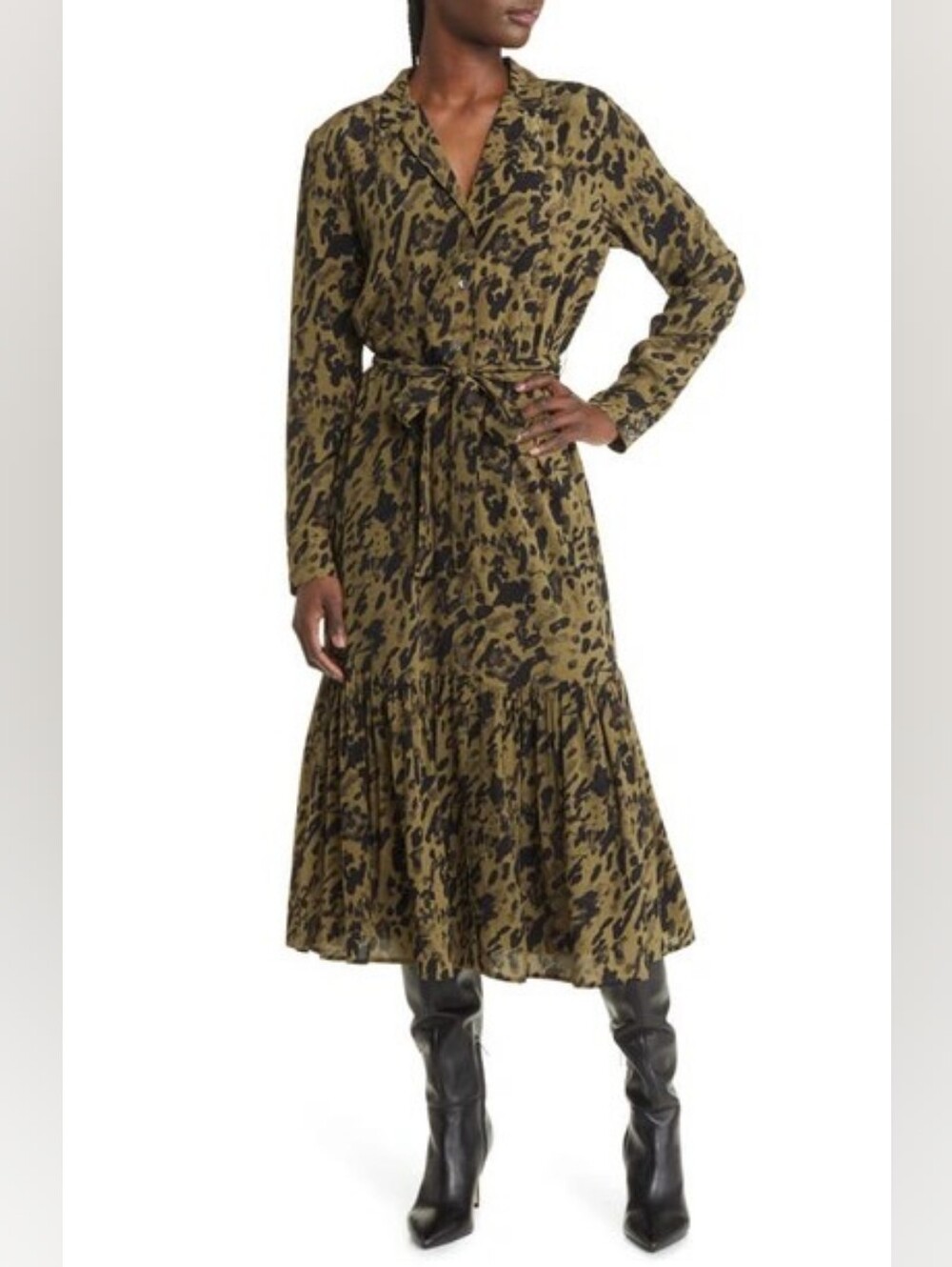 Rails Olive Green and Black Printed Long Sleeve Midi Dress Size XXS